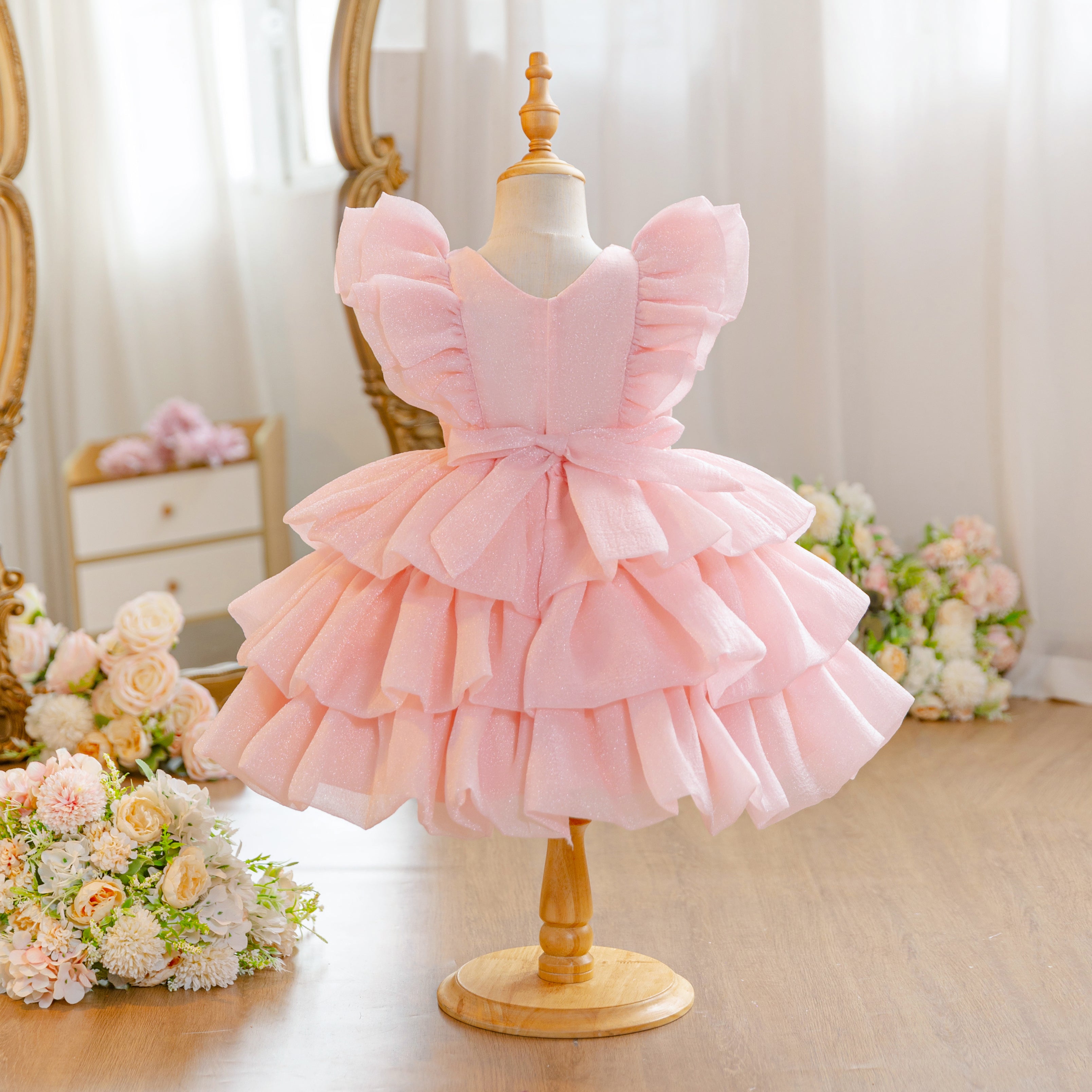 Wholesale 18M-7Y Girls Flutter Bow Glitter Tiered Tulle Princess Dress, Kids Birthday Party Pearl Waist Soft Mesh Formal Gown