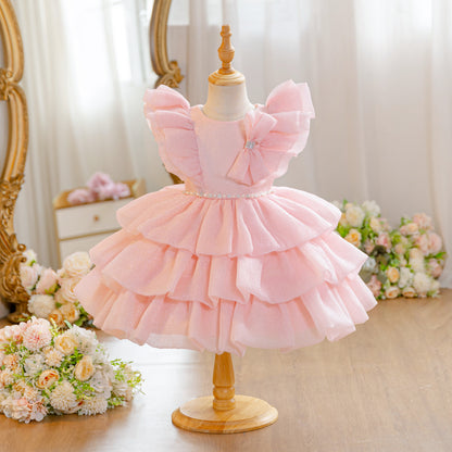 Wholesale 18M-7Y Girls Flutter Bow Glitter Tiered Tulle Princess Dress, Kids Birthday Party Pearl Waist Soft Mesh Formal Gown