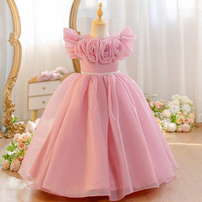 Wholesale 5-11Y Girls 3D Rose Tulle Princess Dress, Kids Birthday Party Pearl Waist Soft Shimmer Mesh Formal Gown
