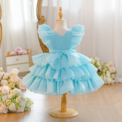 Wholesale 18M-7Y Girls Flutter Bow Glitter Tiered Tulle Princess Dress, Kids Birthday Party Pearl Waist Soft Mesh Formal Gown