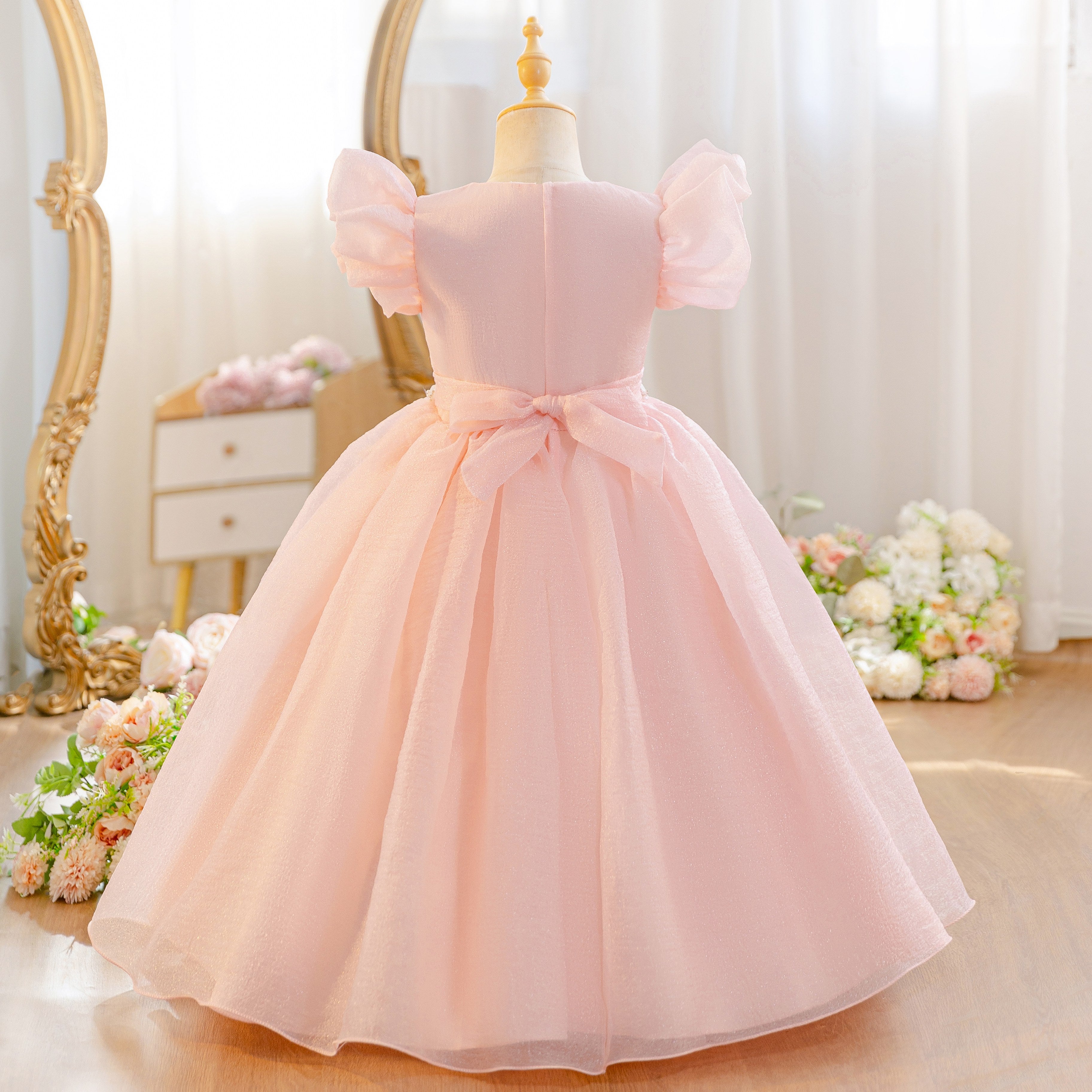 Wholesale 5-11Y Girls 3D Rose Tulle Princess Dress, Kids Birthday Party Pearl Waist Soft Shimmer Mesh Formal Gown