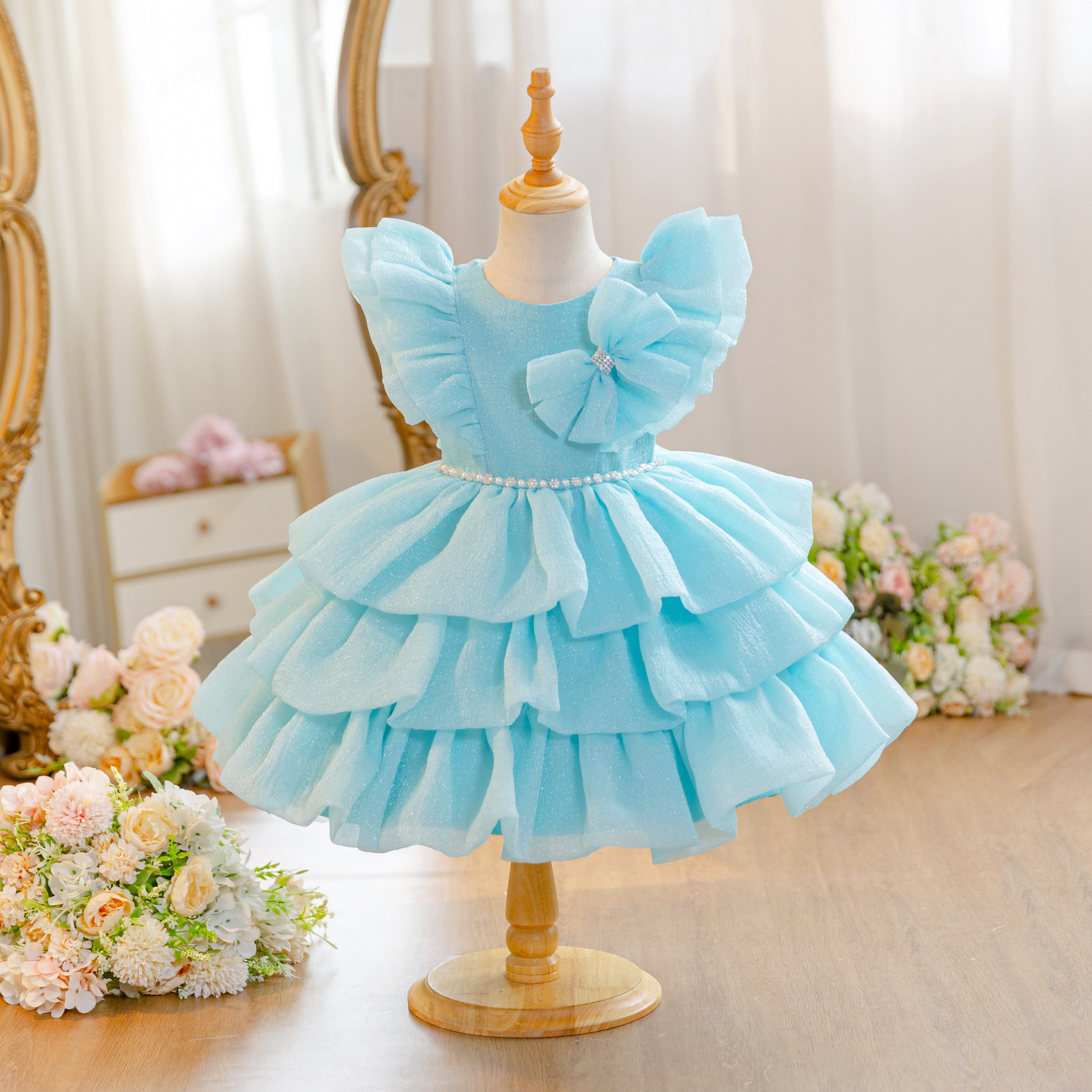 Wholesale 18M-7Y Girls Flutter Bow Glitter Tiered Tulle Princess Dress, Kids Birthday Party Pearl Waist Soft Mesh Formal Gown