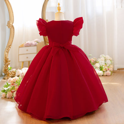 Wholesale 5-11Y Girls 3D Rose Tulle Princess Dress, Kids Birthday Party Pearl Waist Soft Shimmer Mesh Formal Gown