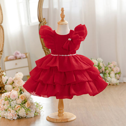 Wholesale 18M-7Y Girls Flutter Bow Glitter Tiered Tulle Princess Dress, Kids Birthday Party Pearl Waist Soft Mesh Formal Gown