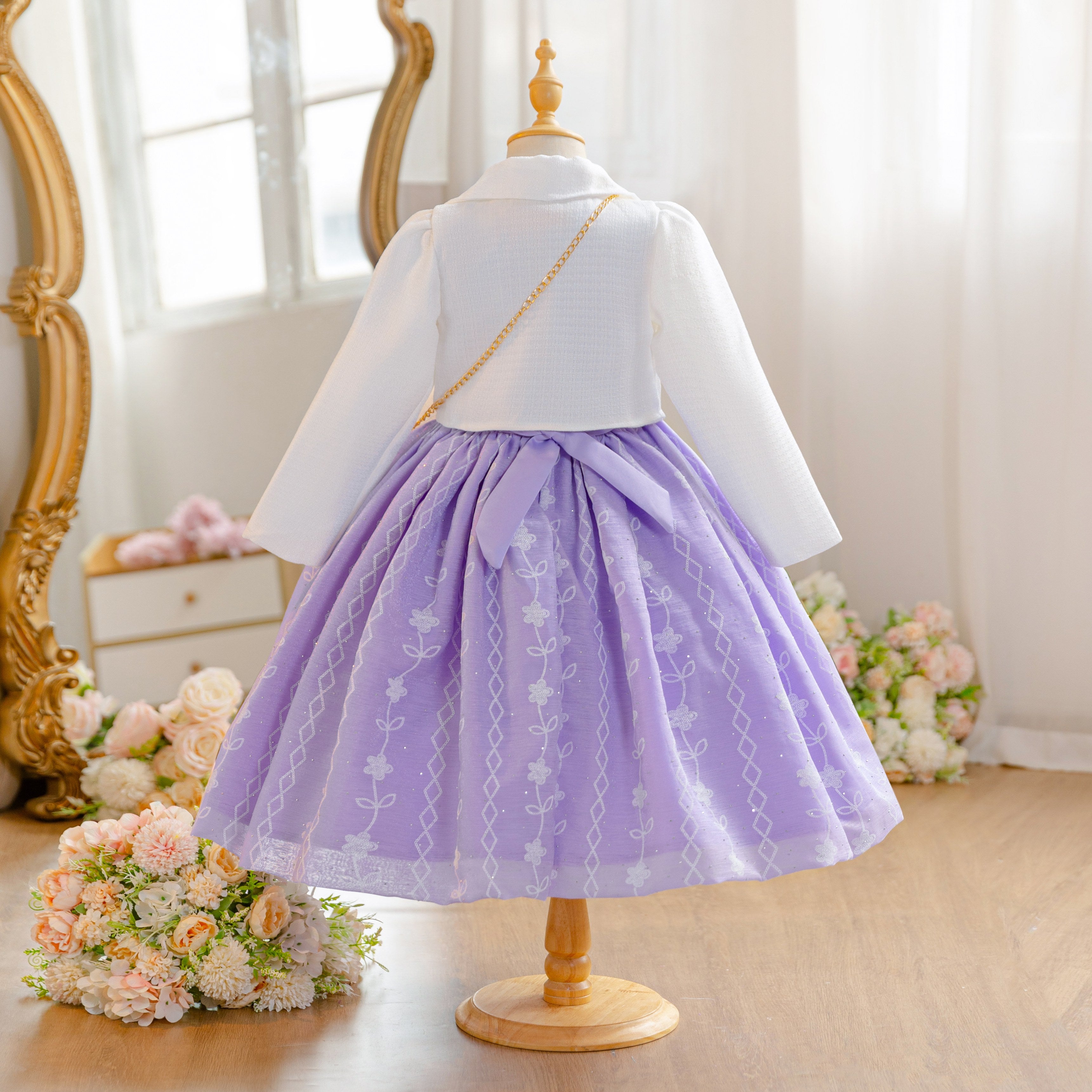 Wholesale 5-10Y Girls 3Pcs Woven Embroidery Princess Dress Set, Kids Birthday Party Lapel Blazer Soft Fabric Formal Outfit With Mini Crossbody Bag