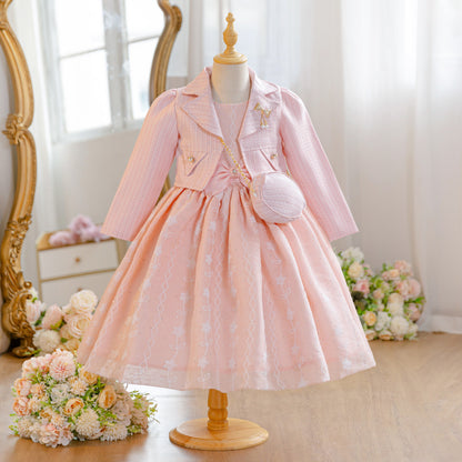 Wholesale 5-10Y Girls 3Pcs Woven Embroidery Princess Dress Set, Kids Birthday Party Lapel Blazer Soft Fabric Formal Outfit With Mini Crossbody Bag
