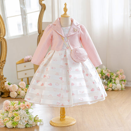 Wholesale 5-10Y Girls 3Pcs Woven Embroidery Princess Dress Set, Kids Birthday Party Lapel Blazer Soft Fabric Formal Outfit With Mini Crossbody Bag（副本）