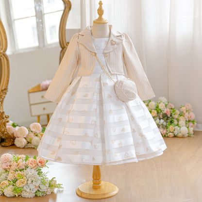 Wholesale 5-10Y Girls 3Pcs Woven Embroidery Princess Dress Set, Kids Birthday Party Lapel Blazer Soft Fabric Formal Outfit With Mini Crossbody Bag（副本）