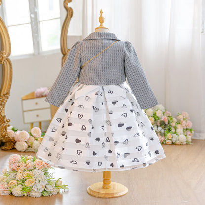 Wholesale 5-10Y Girls 3Pcs Woven Embroidery Princess Dress Set, Kids Birthday Party Lapel Blazer Soft Fabric Formal Outfit With Mini Crossbody Bag（副本）