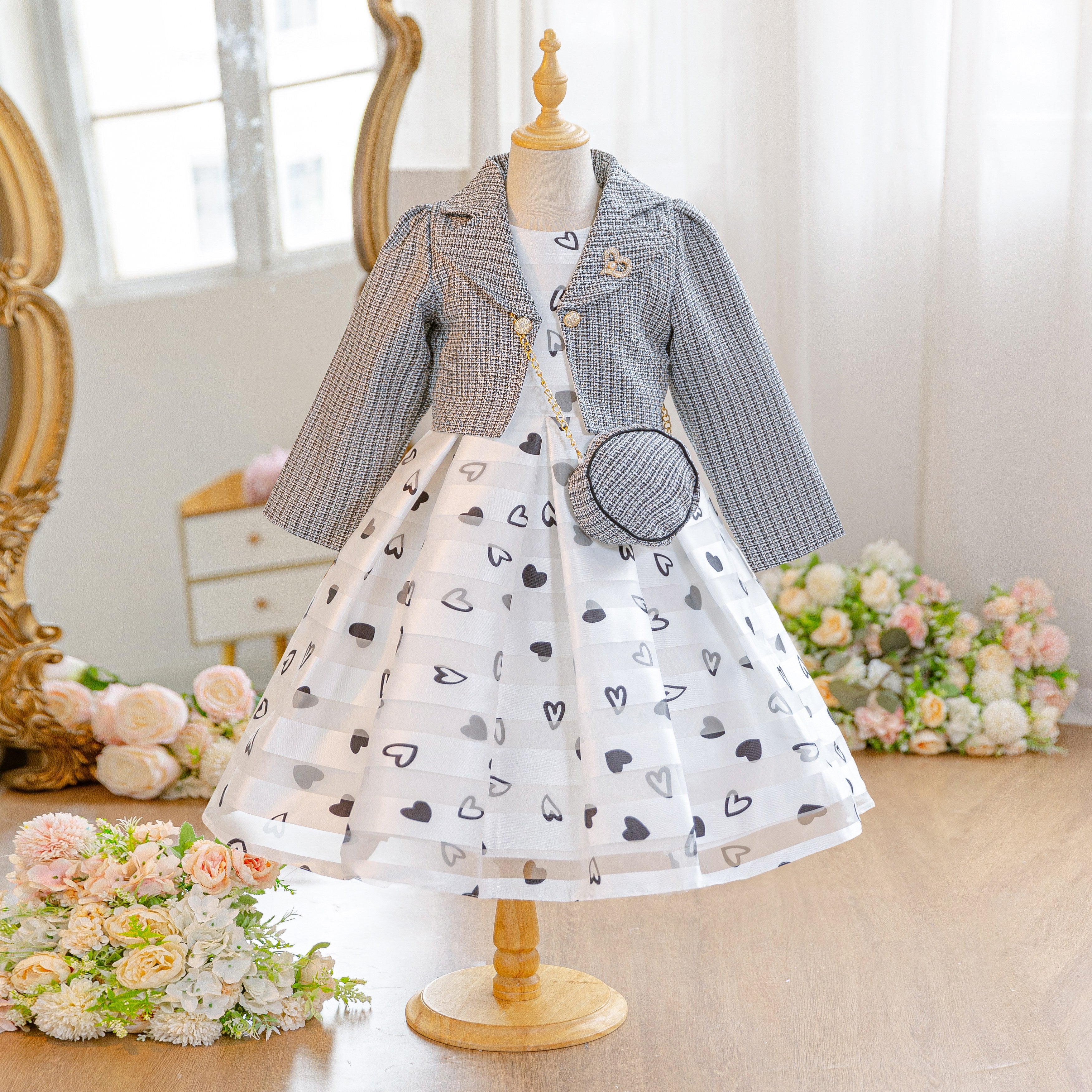 Wholesale 5-10Y Girls 3Pcs Woven Embroidery Princess Dress Set, Kids Birthday Party Lapel Blazer Soft Fabric Formal Outfit With Mini Crossbody Bag（副本）