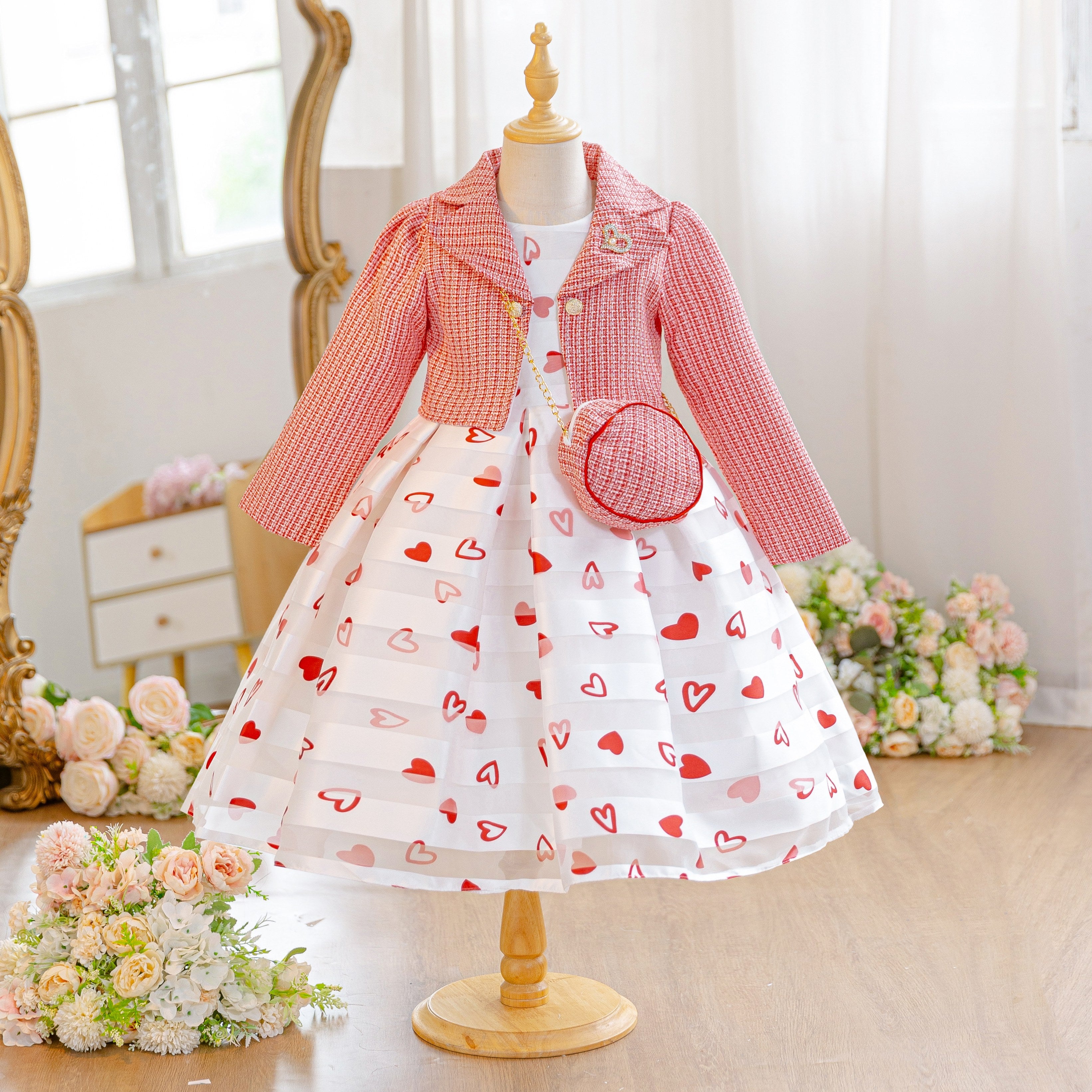 Wholesale 5-10Y Girls 3Pcs Woven Embroidery Princess Dress Set, Kids Birthday Party Lapel Blazer Soft Fabric Formal Outfit With Mini Crossbody Bag（副本）