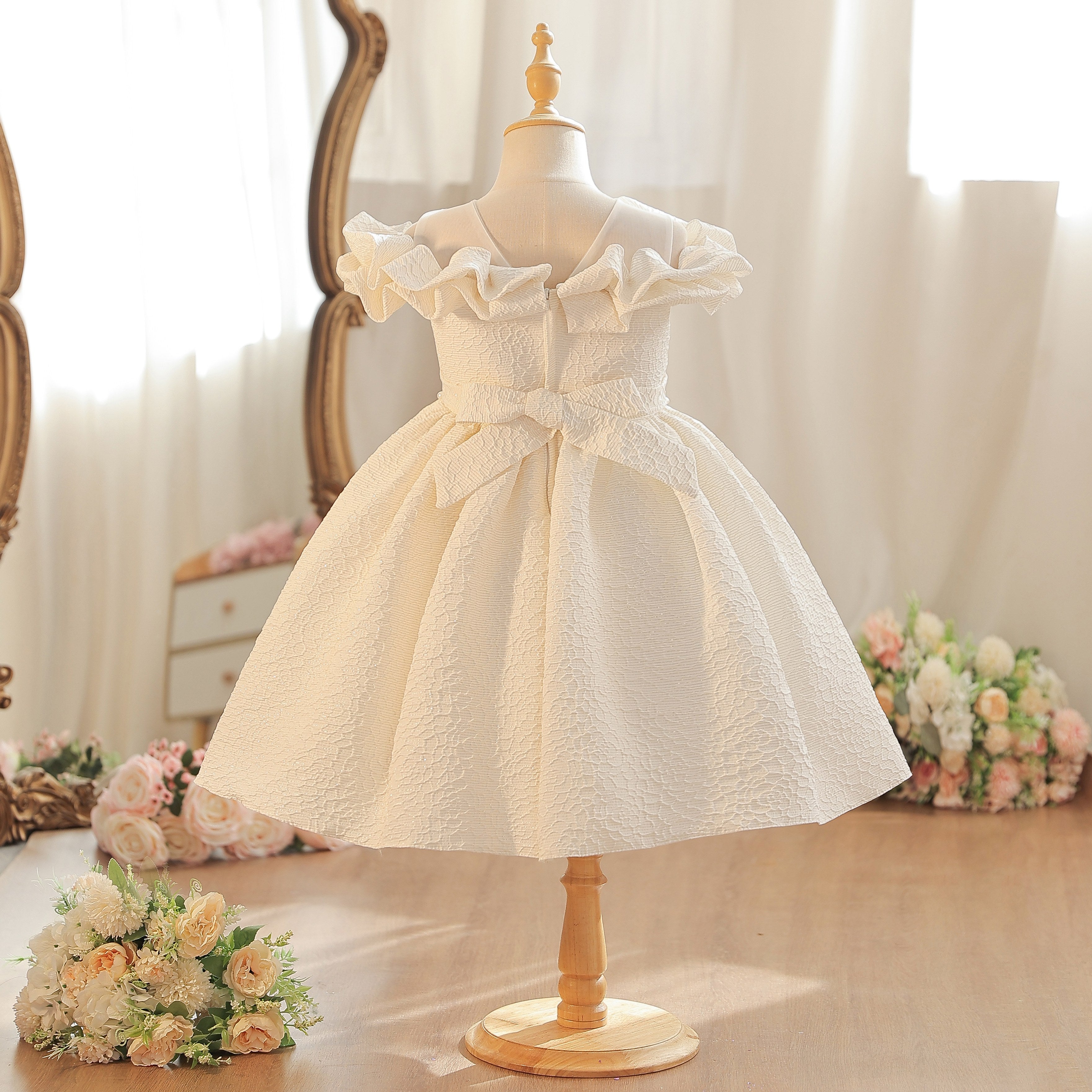 Wholesale 18M-7Y Girls Off Shoulder Ruffle Embossed Fabric Princess Dress, Kids Birthday Party Floral Decor Soft Woven Formal Gown