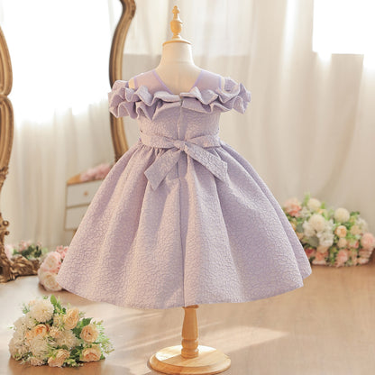 Wholesale 18M-7Y Girls Off Shoulder Ruffle Embossed Fabric Princess Dress, Kids Birthday Party Floral Decor Soft Woven Formal Gown