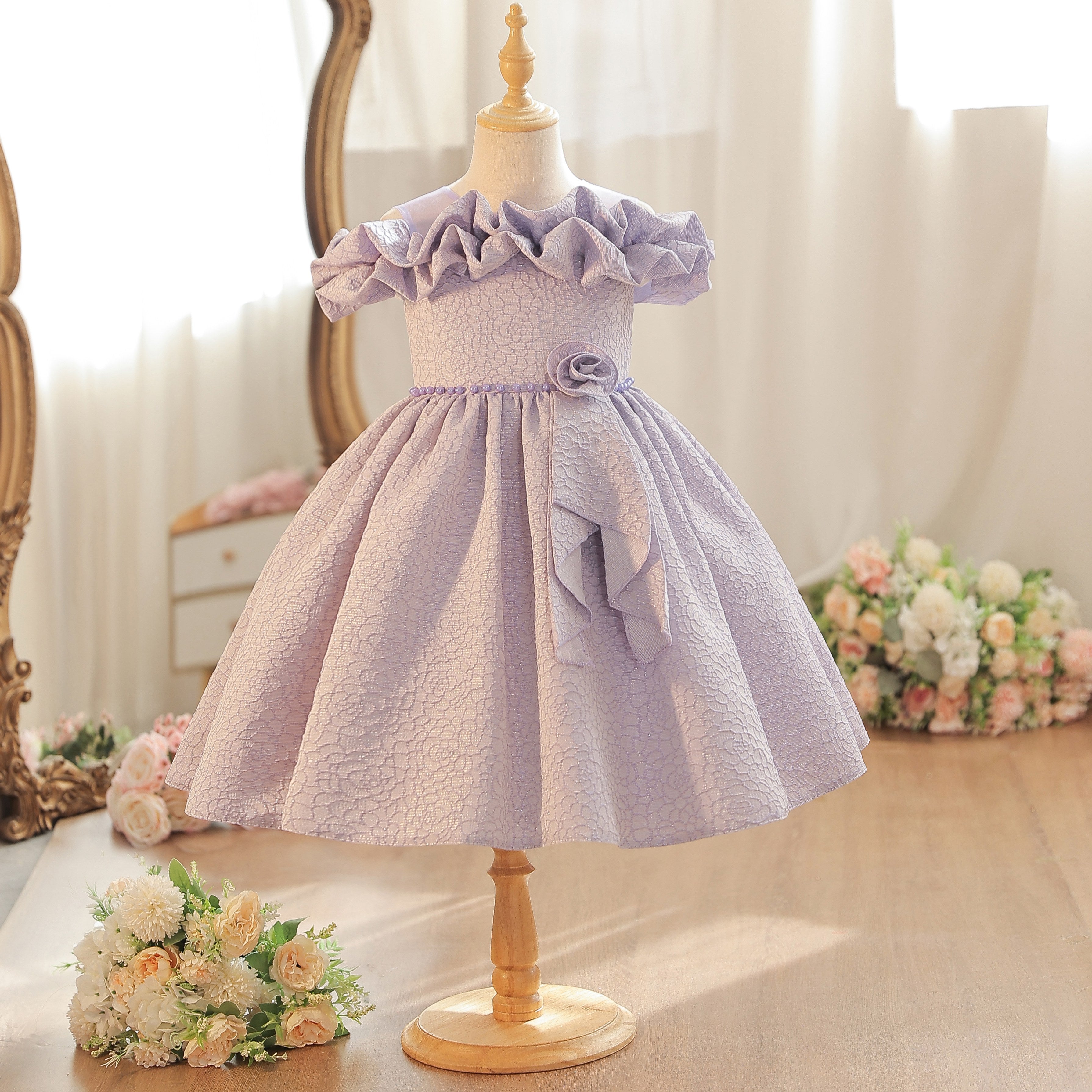 Wholesale 18M-7Y Girls Off Shoulder Ruffle Embossed Fabric Princess Dress, Kids Birthday Party Floral Decor Soft Woven Formal Gown