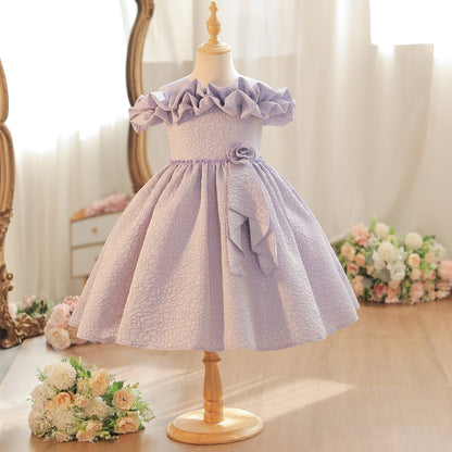 Wholesale 18M-7Y Girls Off Shoulder Ruffle Embossed Fabric Princess Dress, Kids Birthday Party Floral Decor Soft Woven Formal Gown