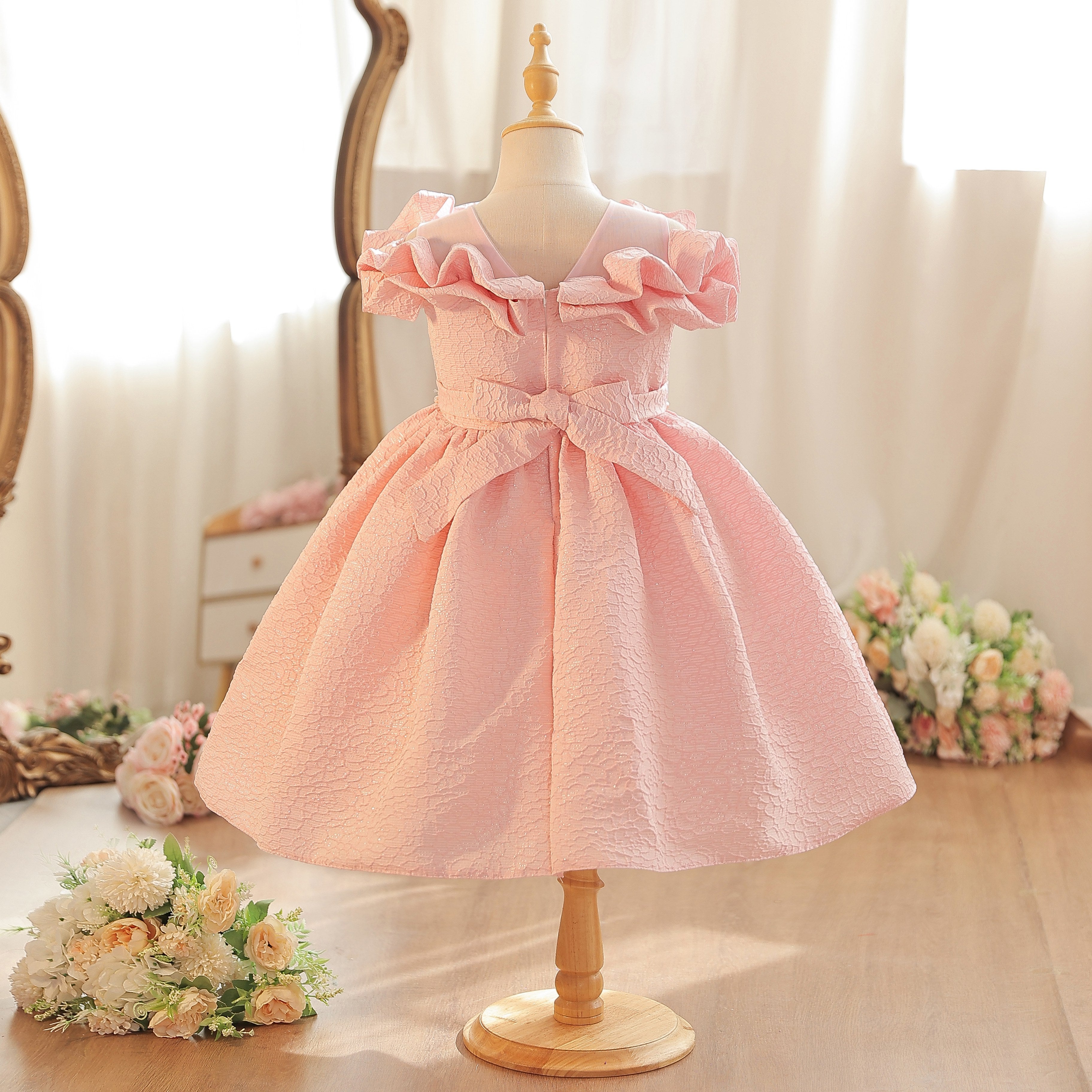Wholesale 18M-7Y Girls Off Shoulder Ruffle Embossed Fabric Princess Dress, Kids Birthday Party Floral Decor Soft Woven Formal Gown
