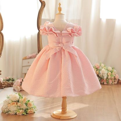 Wholesale 18M-7Y Girls Off Shoulder Ruffle Embossed Fabric Princess Dress, Kids Birthday Party Floral Decor Soft Woven Formal Gown