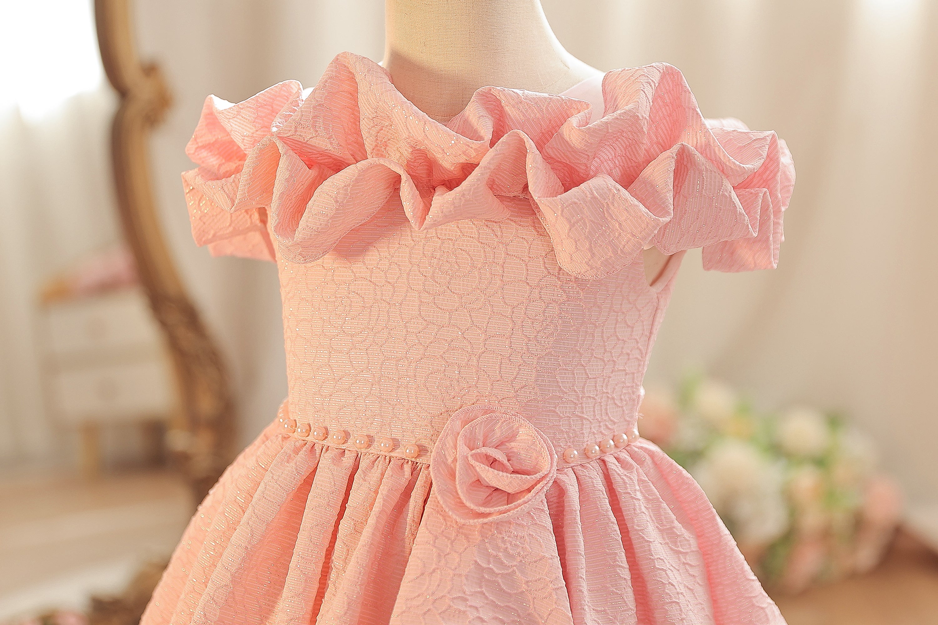 Wholesale 18M-7Y Girls Off Shoulder Ruffle Embossed Fabric Princess Dress, Kids Birthday Party Floral Decor Soft Woven Formal Gown