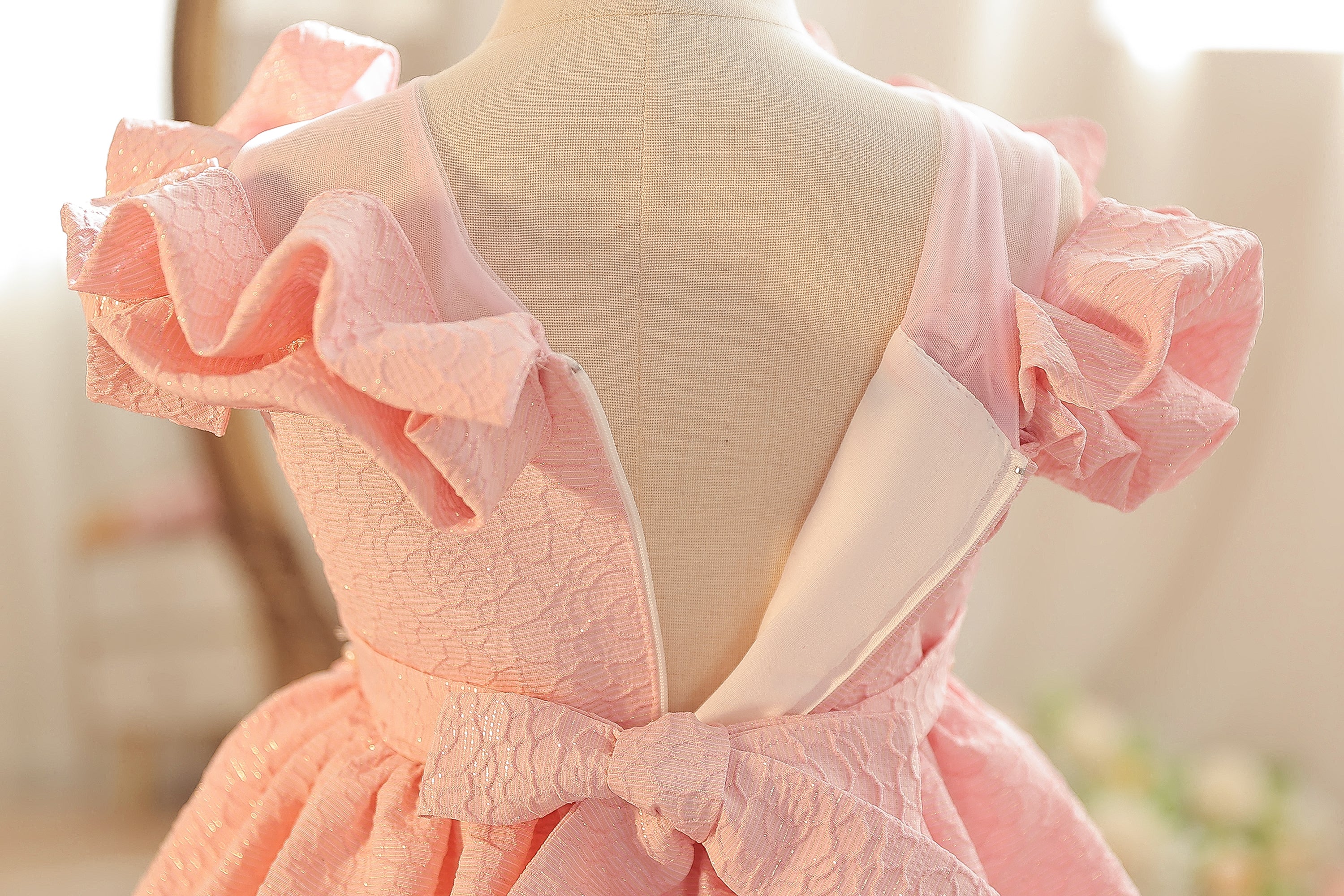 Wholesale 18M-7Y Girls Off Shoulder Ruffle Embossed Fabric Princess Dress, Kids Birthday Party Floral Decor Soft Woven Formal Gown
