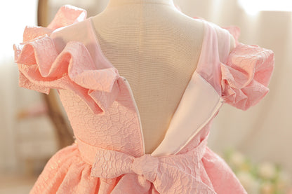 Wholesale 18M-7Y Girls Off Shoulder Ruffle Embossed Fabric Princess Dress, Kids Birthday Party Floral Decor Soft Woven Formal Gown