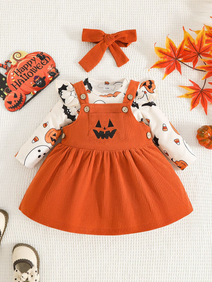 Wholesale 0-18M Baby Girls 3Pcs Halloween Ghost Pumpkin Suspender Skirt Outfit Set, Soft Rib Knit Long Sleeve Bodysuit Dress Set