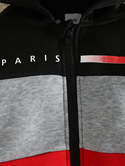 Wholesale 6M-3T Boys 2Pcs Color Block Paris Letter Zip Hoodie Outfit Set, Soft Cotton Knit Toddler Jacket & Jogger Pants