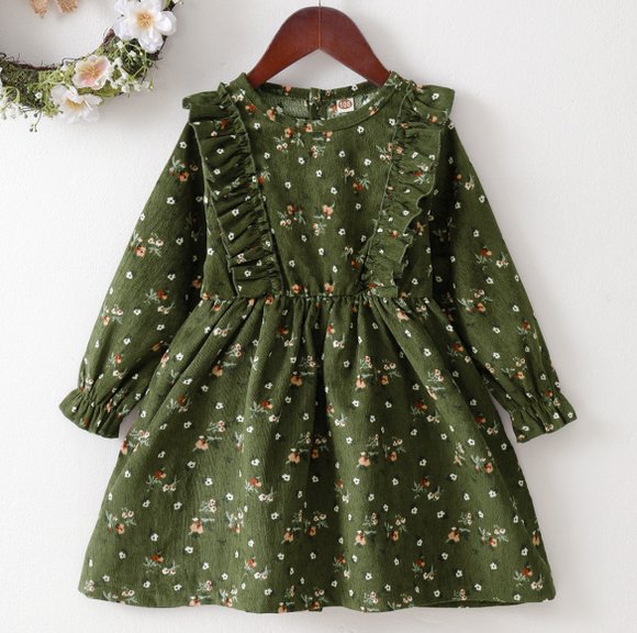 1-8Y baby girl green floral corduroy long-sleeved dress baby girl autumn and winter dress baby girl clothes Catpapa 12108520