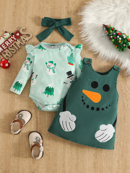 Wholesale 0-18M Baby Girls 3Pcs Christmas Snowman Suspender Skirt Outfit Set, Soft Rib Knit Flutter Sleeve Bodysuit Dress Set