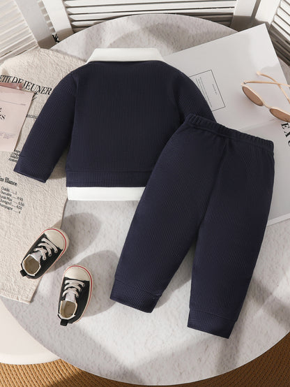 Wholesale 6M-3T Boys 2Pcs Waffle Knit Polo Sweatshirt Outfit Set, Soft Textured Fabric Toddler Fake Two-Piece Top & Jogger Pants