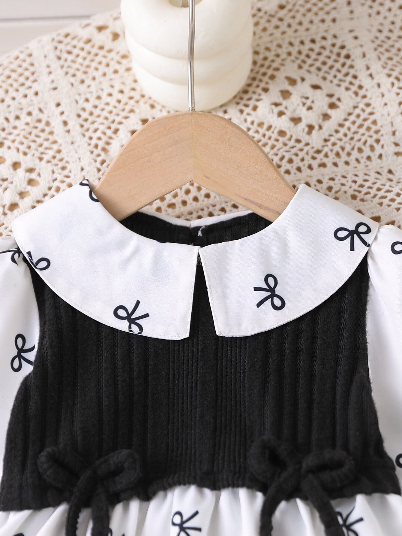 Wholesale 6M-3T Girls 2Pcs Bow Print Patchwork Long Sleeve Outfit Set, Soft Vertical Rib Knit Toddler Blouse & Flare Pants