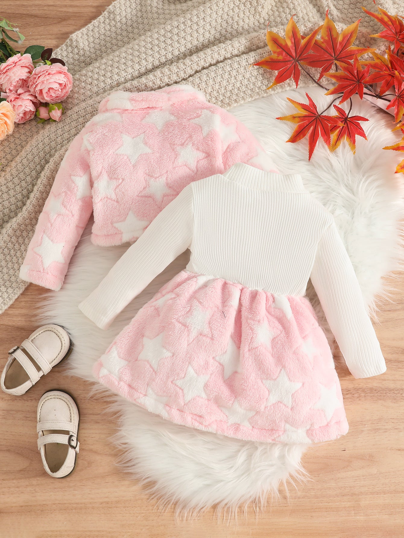 Wholesale 6M-3T Girls 2Pcs Star Fleece Jacket & Rib Knit Dress Outfit Set, Soft Fluffy Plush Toddler Winter Clothing Set