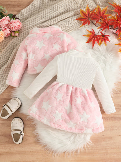 Wholesale 6M-3T Girls 2Pcs Star Fleece Jacket & Rib Knit Dress Outfit Set, Soft Fluffy Plush Toddler Winter Clothing Set