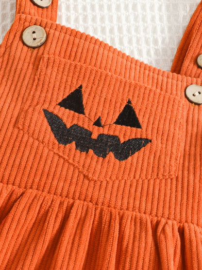 Wholesale 0-18M Baby Girls 3Pcs Halloween Ghost Pumpkin Suspender Skirt Outfit Set, Soft Rib Knit Long Sleeve Bodysuit Dress Set