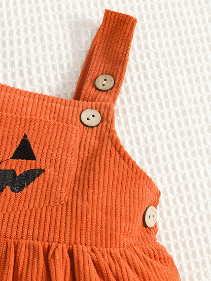 Wholesale 0-18M Baby Girls 3Pcs Halloween Ghost Pumpkin Suspender Skirt Outfit Set, Soft Rib Knit Long Sleeve Bodysuit Dress Set