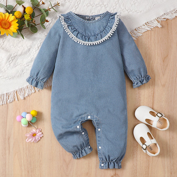 6M-3Y Baby girl blue round neck denim long-sleeved jumpsuit baby girl clothes baby girl denim suit 112207603