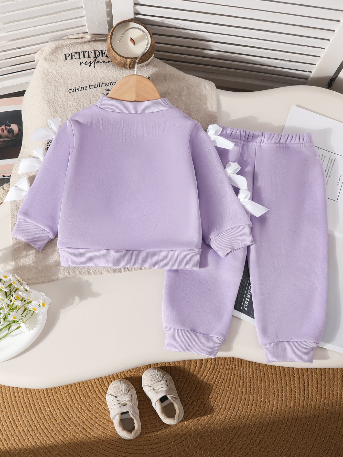 Wholesale 6M-3T Girls 2Pcs Satin Bow Long Sleeve Sweatshirt Outfit Set, Soft Cotton Knit Solid Color Toddler Top & Jogger Pants