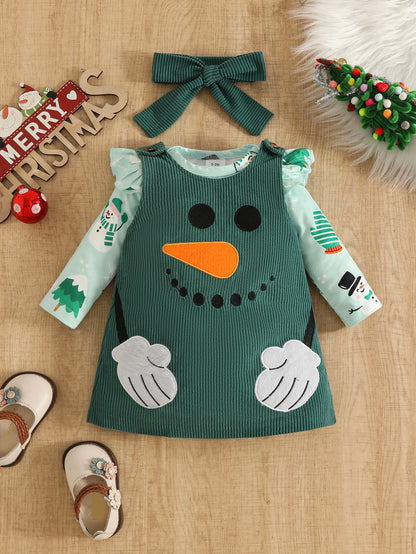 Wholesale 0-18M Baby Girls 3Pcs Christmas Snowman Suspender Skirt Outfit Set, Soft Rib Knit Flutter Sleeve Bodysuit Dress Set