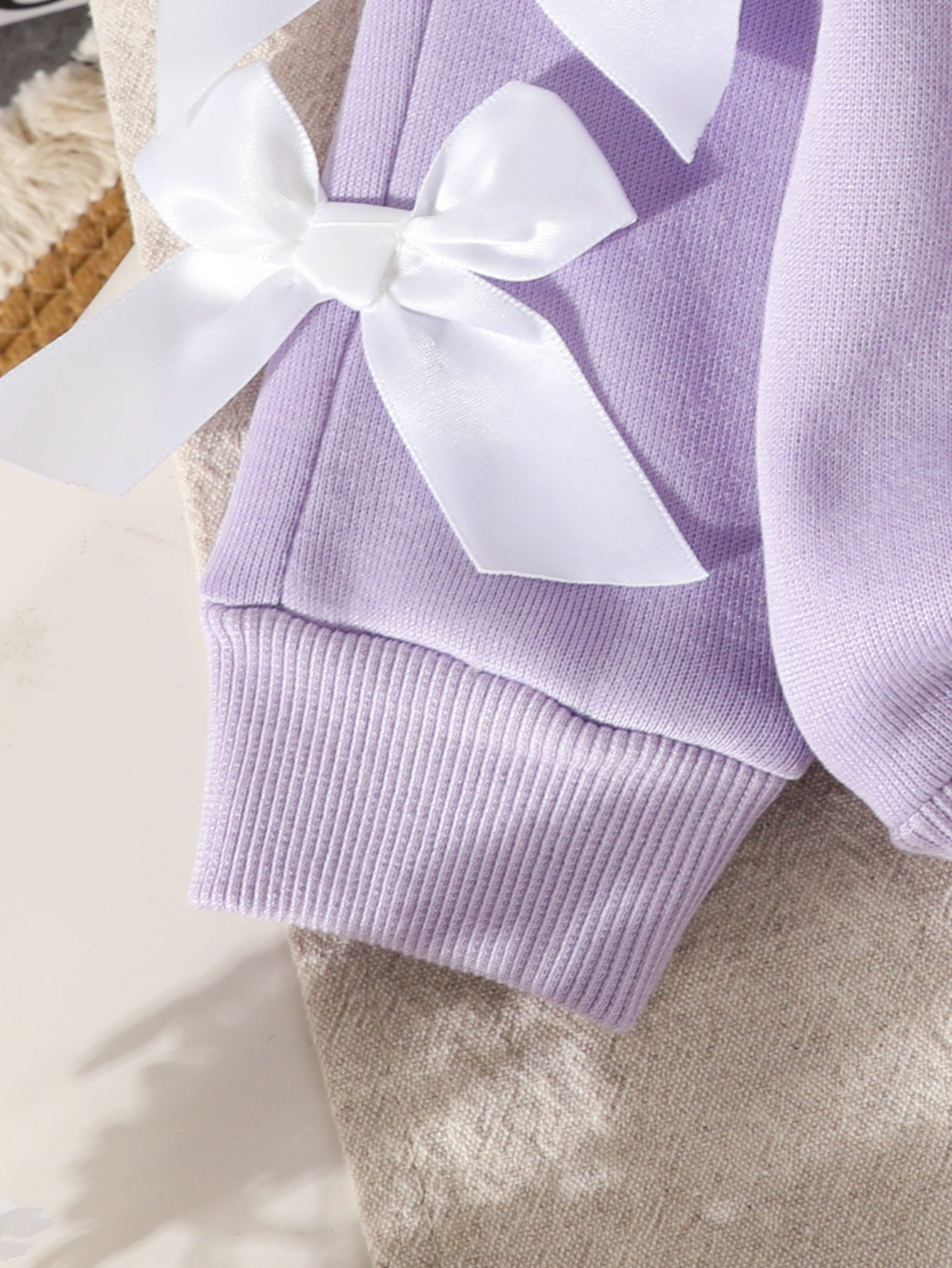 Wholesale 6M-3T Girls 2Pcs Satin Bow Long Sleeve Sweatshirt Outfit Set, Soft Cotton Knit Solid Color Toddler Top & Jogger Pants