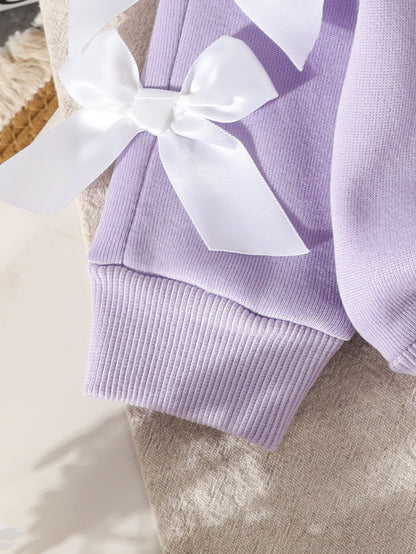 Wholesale 6M-3T Girls 2Pcs Satin Bow Long Sleeve Sweatshirt Outfit Set, Soft Cotton Knit Solid Color Toddler Top & Jogger Pants