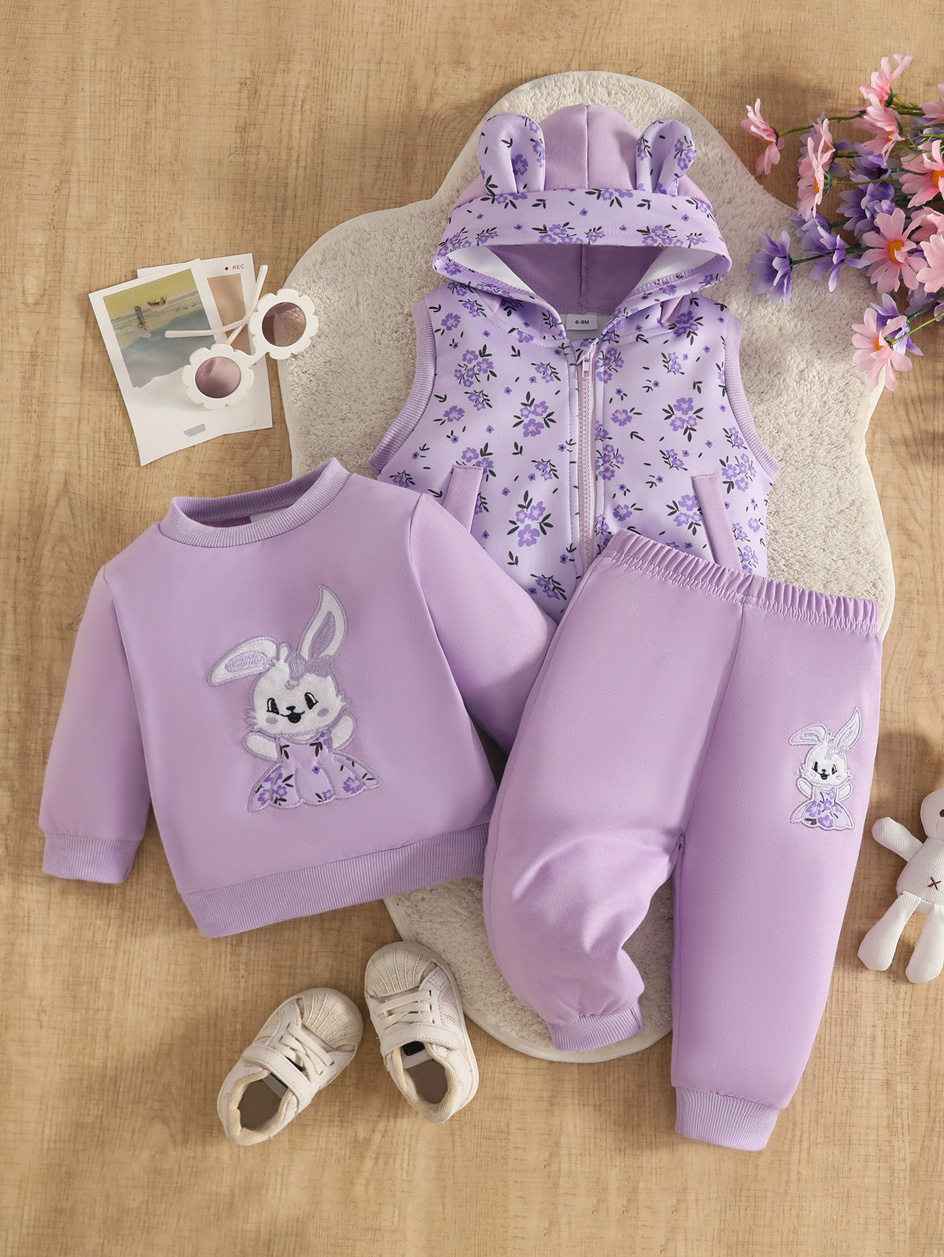 Wholesale 6M-3T Girls 3Pcs Floral Ear Hooded Vest Outfit Set, Soft Cotton Knit Bunny Embroidery Toddler Sweatshirt & Jogger Pants