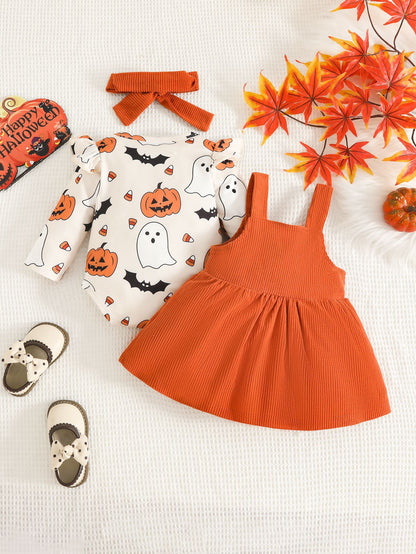 Wholesale 0-18M Baby Girls 3Pcs Halloween Ghost Pumpkin Suspender Skirt Outfit Set, Soft Rib Knit Long Sleeve Bodysuit Dress Set