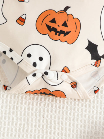 Wholesale 0-18M Baby Girls 3Pcs Halloween Ghost Pumpkin Suspender Skirt Outfit Set, Soft Rib Knit Long Sleeve Bodysuit Dress Set