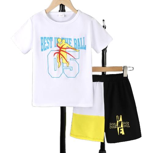 7-15Y Ready Stock Kids Boys Outfits Shorts Sets Slam Dunk Pattern Letter Graphics Tee Elastic Color Block Shorts 2Pcs Clothing From 7Y-15Y White Catpapa  462306014