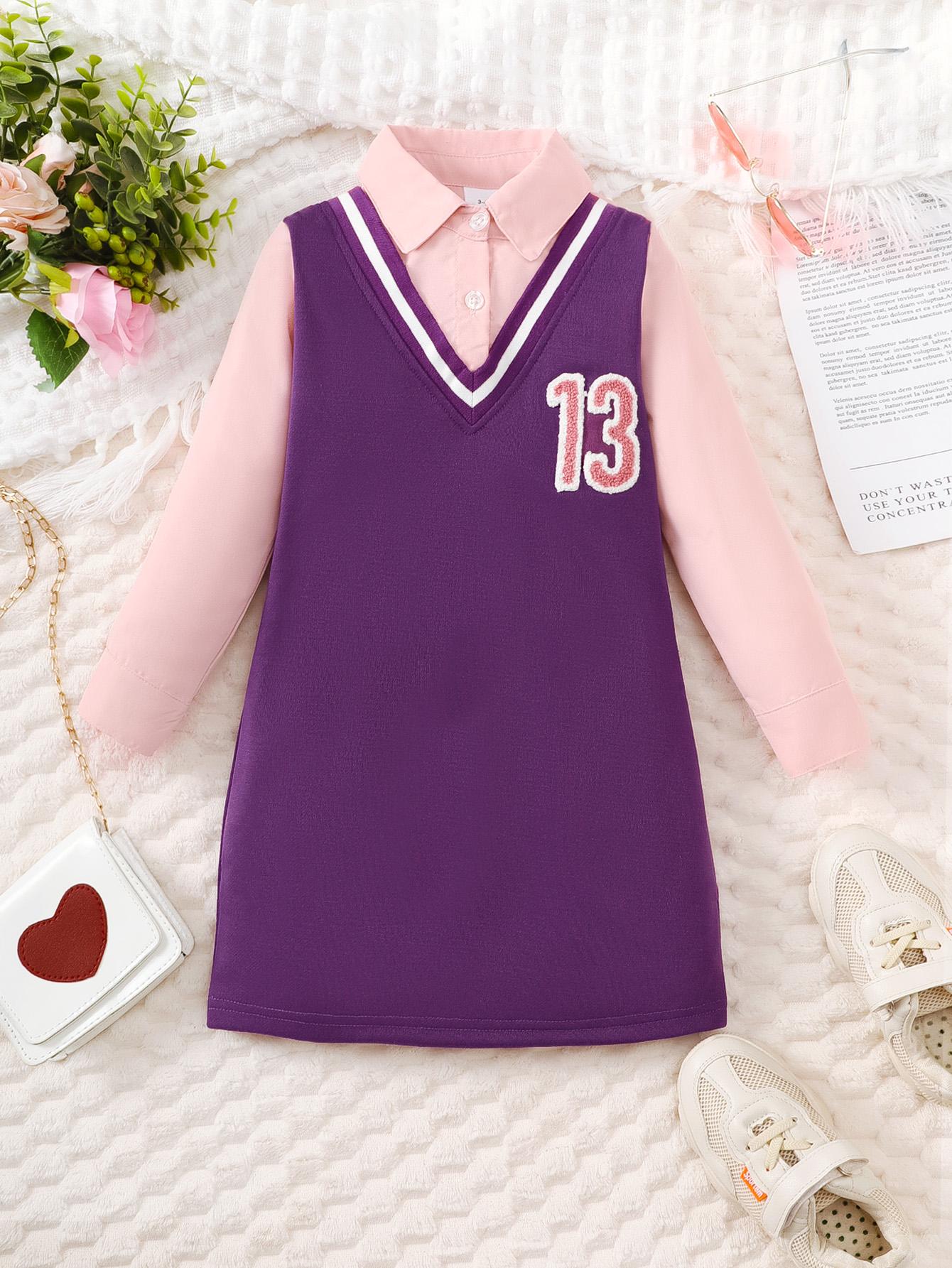 1-6Y Ready Stock 1-6Y Baby Girls Dress "13" Number Print Fake Two Pieces Turn-down Collar Dress One Piece Casual Dress Purple Catpapa  462308307