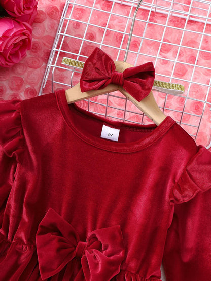 4-6Y Toddler Girl's 2pcs Plain Bow Decor Ruffle Trim Long Sleeve Dress & Hair Band Set,Cute Romantic Kids Fall Winter Outfits Red Catpapa 462311005