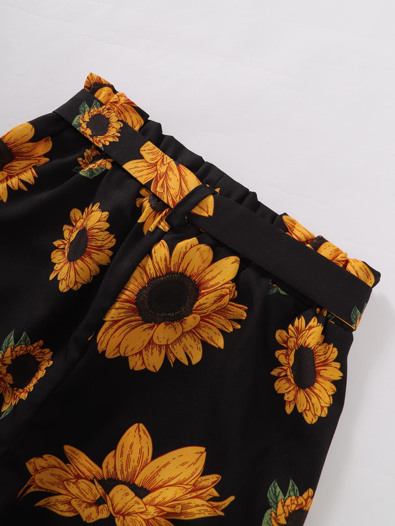 5-14Y Ready Stock Kids Girls Summer Outfits Sunflower Print Straps Lotus Leaf Collar Tops Elastic Shorts 2Pcs Clothes Set Black Catpapa 462302006