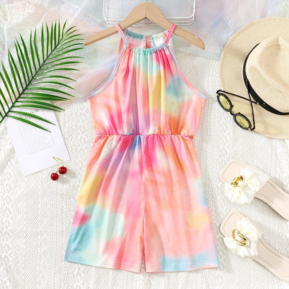 8-14Y Kid Girls Jumpsuit Big Girls Casual Tie-dye Halter Sleeveless Summer One Piece Bodysuits (Tie Dye Is Random) Catpapa 462312007