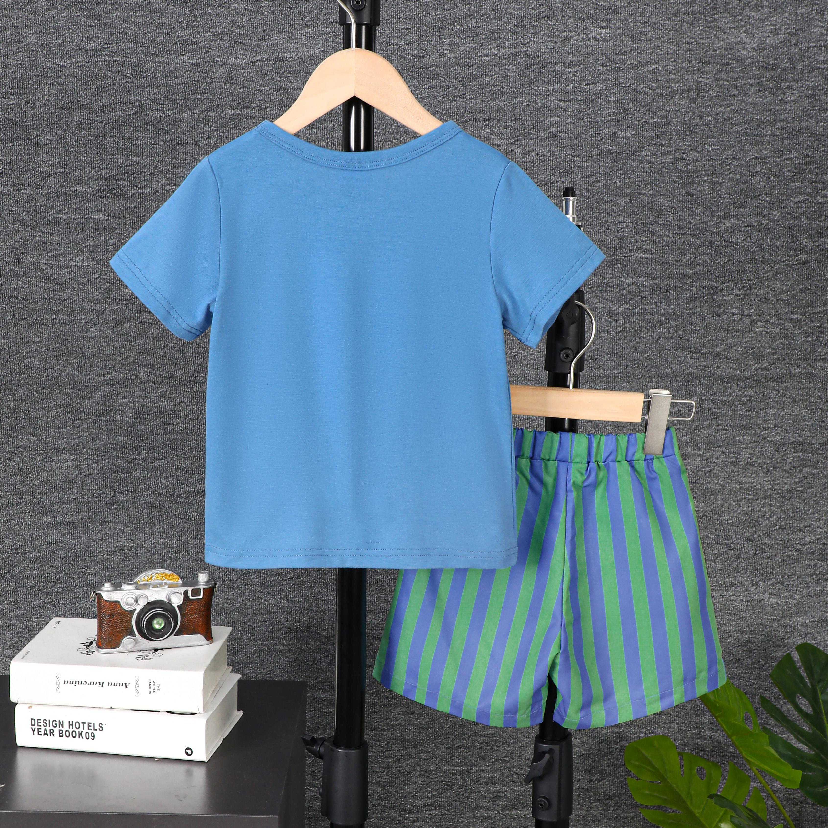 1-8Y Ready Stock 1-8y Kid Toddler Boys Summer Clothes Letter Print Short Sleeve Casual Tee Elastic Stripe Shorts Sets 2pcs Blue Catpapa  462306301