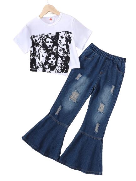 7-14Y Ready Stock  Girl's Retro Portrait Print Outfit Short Sleeve Graphic Top + Flare Leg Ripped Jeans Holiday Casual Set, Summer 2PCS Girls Clothes Catpapa 462312027