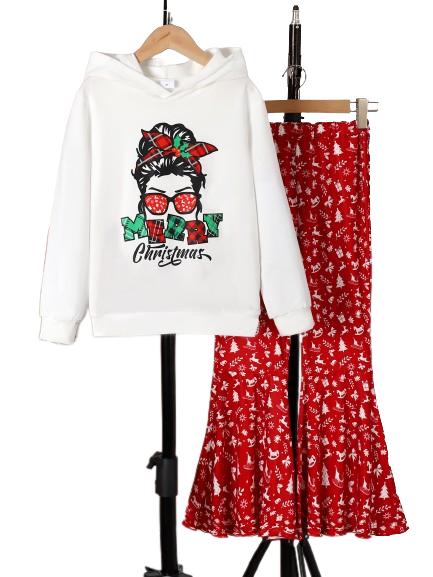 8-14Y Ready Stock 2pcs Girl's MERRY CHRISTMAS Print Outfit Anime Girl Print Hooded Long Sleeve Top, Flared Pants Kid's Clothes Set For Spring Fall Winter White 8-14Y Catpapa 462307026